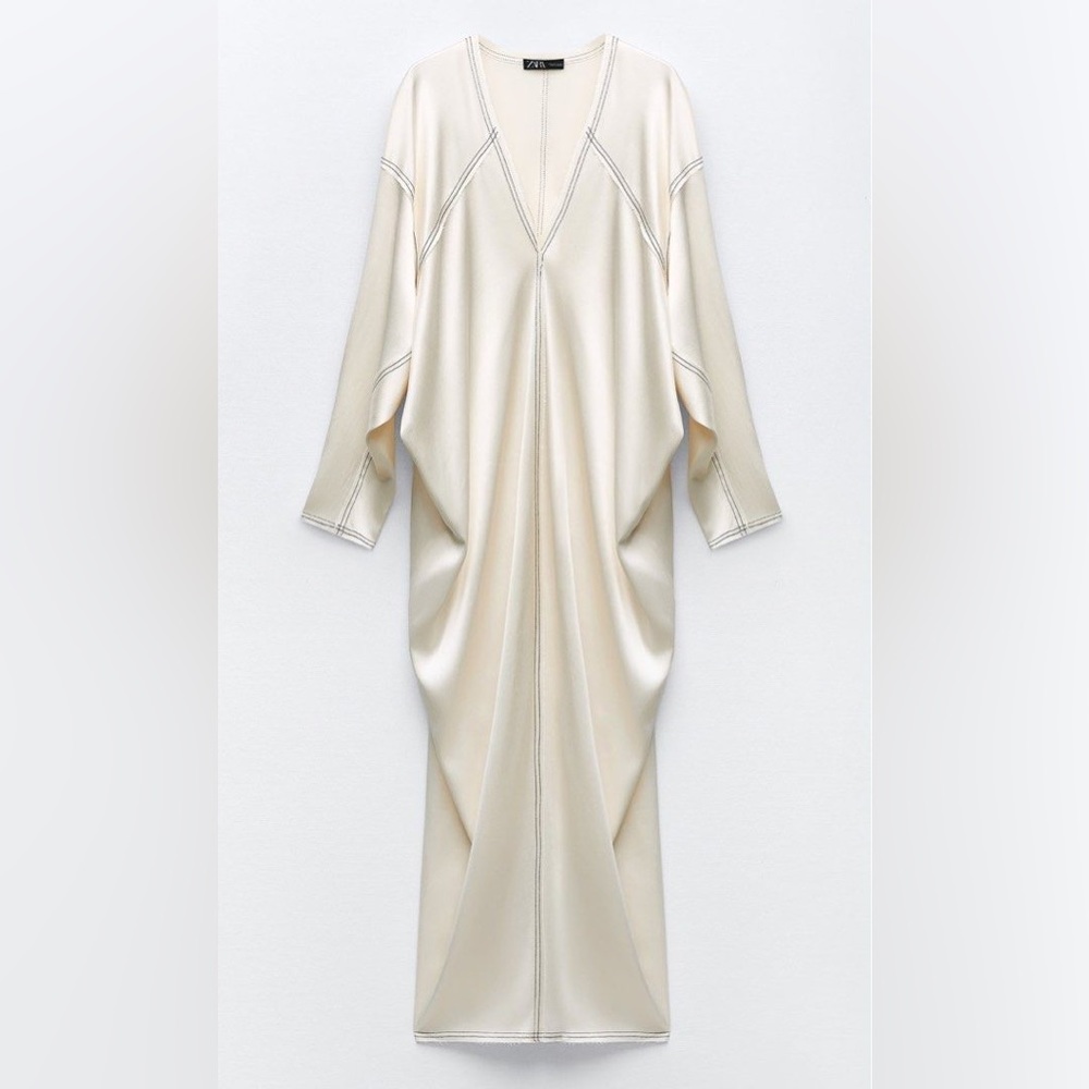 NWT ZARA SATIN DRESD WITH CONTRAST TOPSTITCHING OFF WHITE